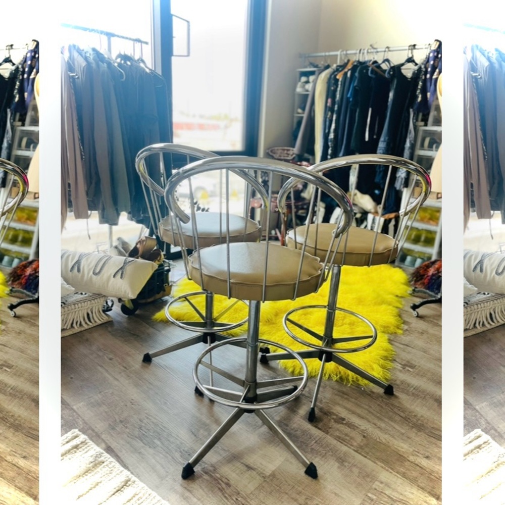 COSCO | Set of 3 | Vintage Modern Chrome Tan Faux Leather Vinyl Counter Stools